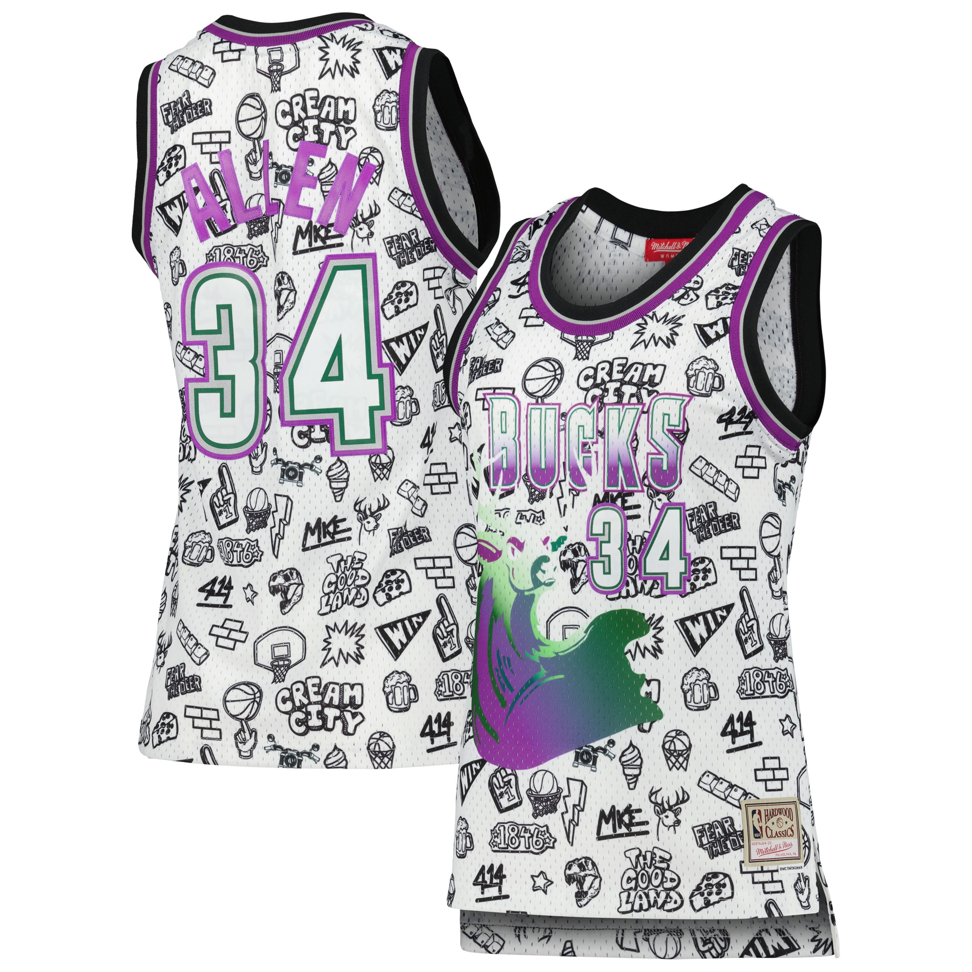 Mitchell Ness Ray Alle White Milwaukee Bucks 1996 Doodle Swingman NBA Jersey Women's