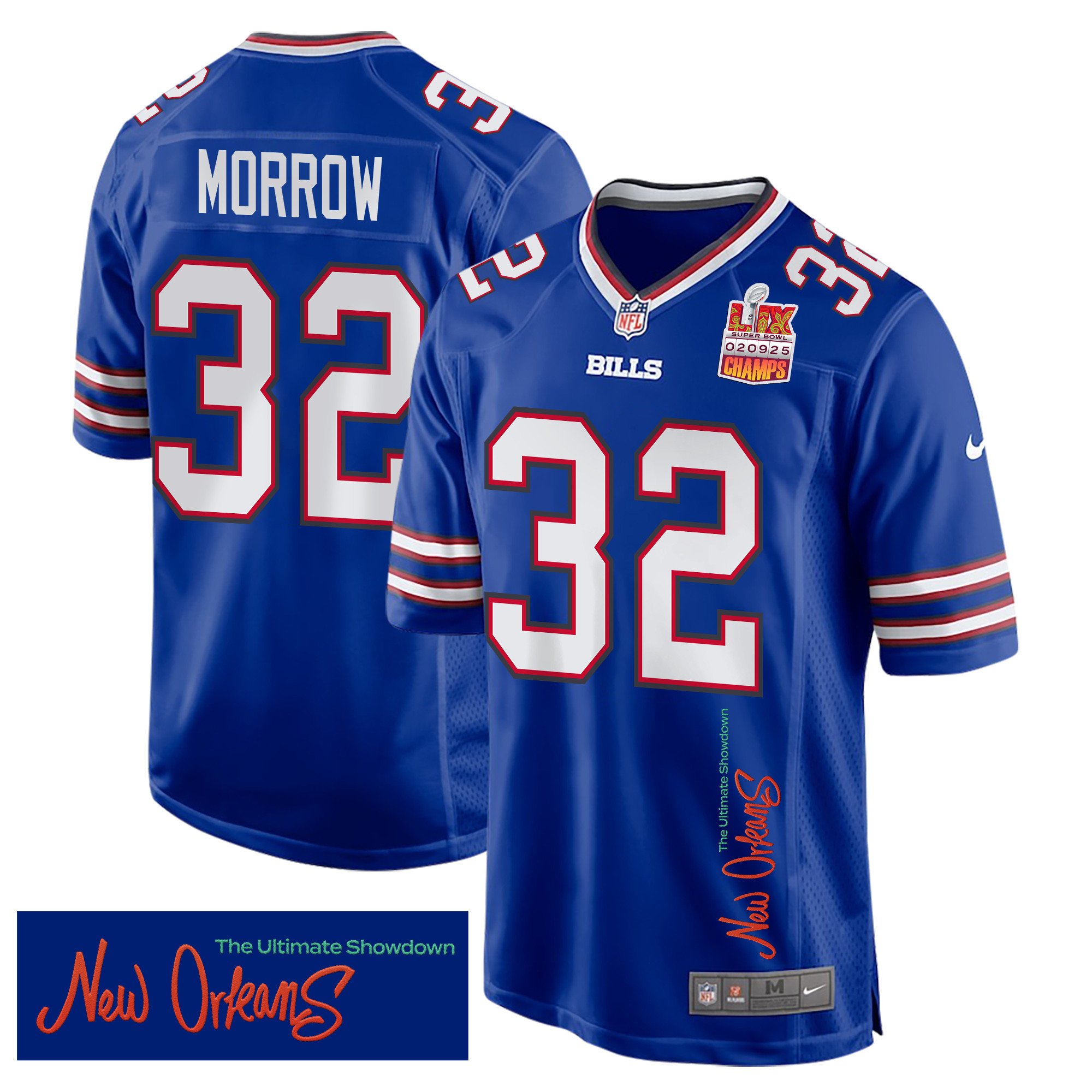 Nicholas Morrow 32 Buffalo Bills Super Bowl LIX Champions Patch New Orleans The Ultimate Showdown' EMBROIDERED Game Royal NFL Jersey Men's