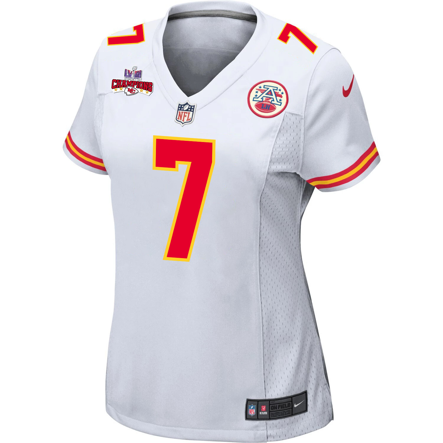 Harrison Butker 7 Kansas City Chiefs Super Bowl LVIII Champions 4 Stars Patch Game White NFL Jersey Women's