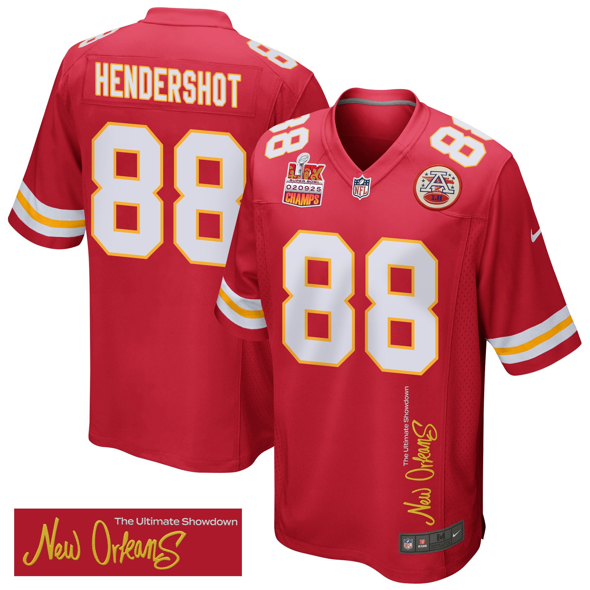 Peyton Hendershot 88 Kansas City Chiefs Super Bowl LIX Champions Patch New Orleans The Ultimate Showdown' EMBROIDERED Game Red NFL Jersey Men's