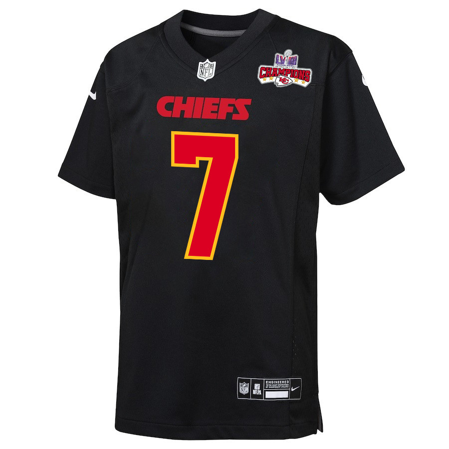 Harrison Butker 7 Kansas City Chiefs Super Bowl LVIII Champions 4 Stars Patch Fashion Game Carbon Black NFL Jersey Youth