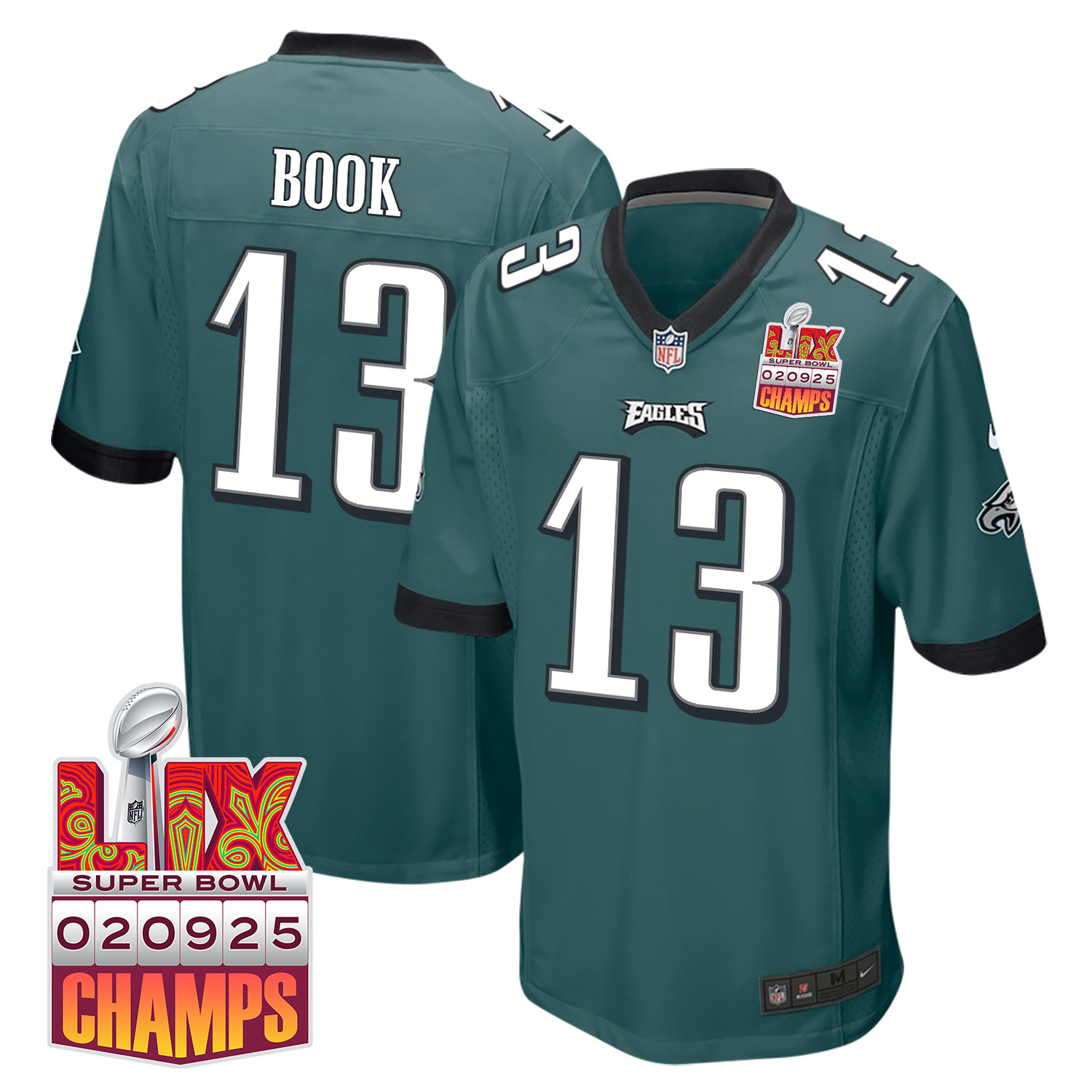 Ian Book 13 Philadelphia Eagles Super Bowl LIX Champions Patch Game Midnight Green NFL Jersey Men's