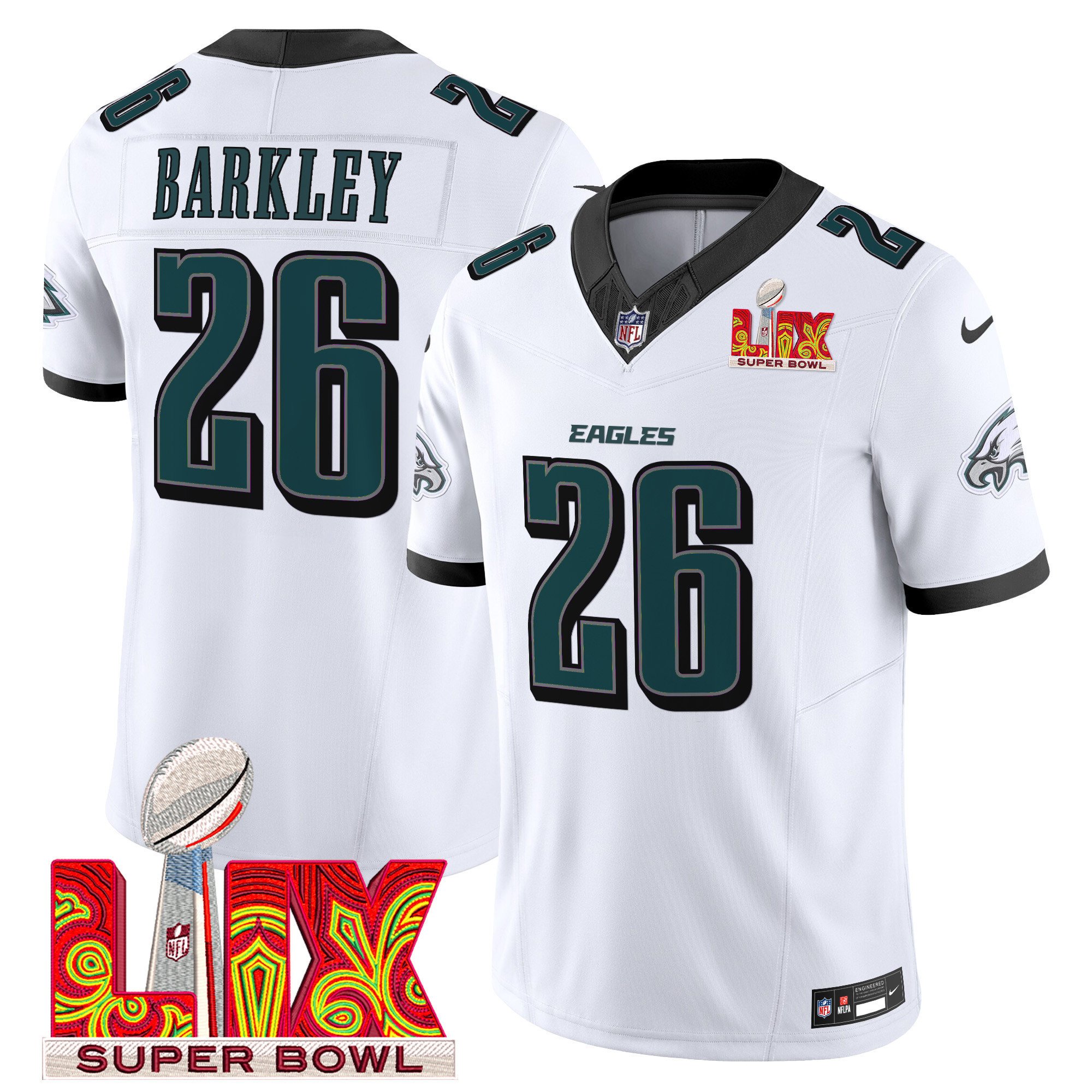 Saquon Barkley 26 Philadelphia Eagles Super Bowl Champions LIX Patch Vapor Limited White NFL Jersey Men's