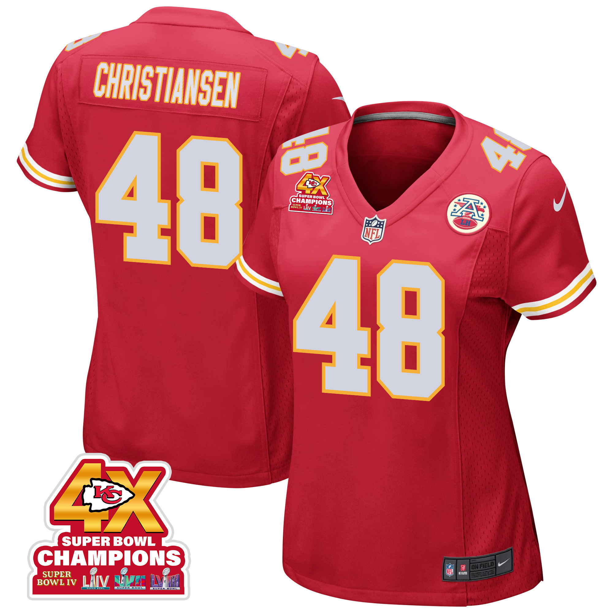 Cole Christiansen 48 Kansas City Chiefs Super Bowl LVIII Champions 4X Game Red NFL Jersey Women's