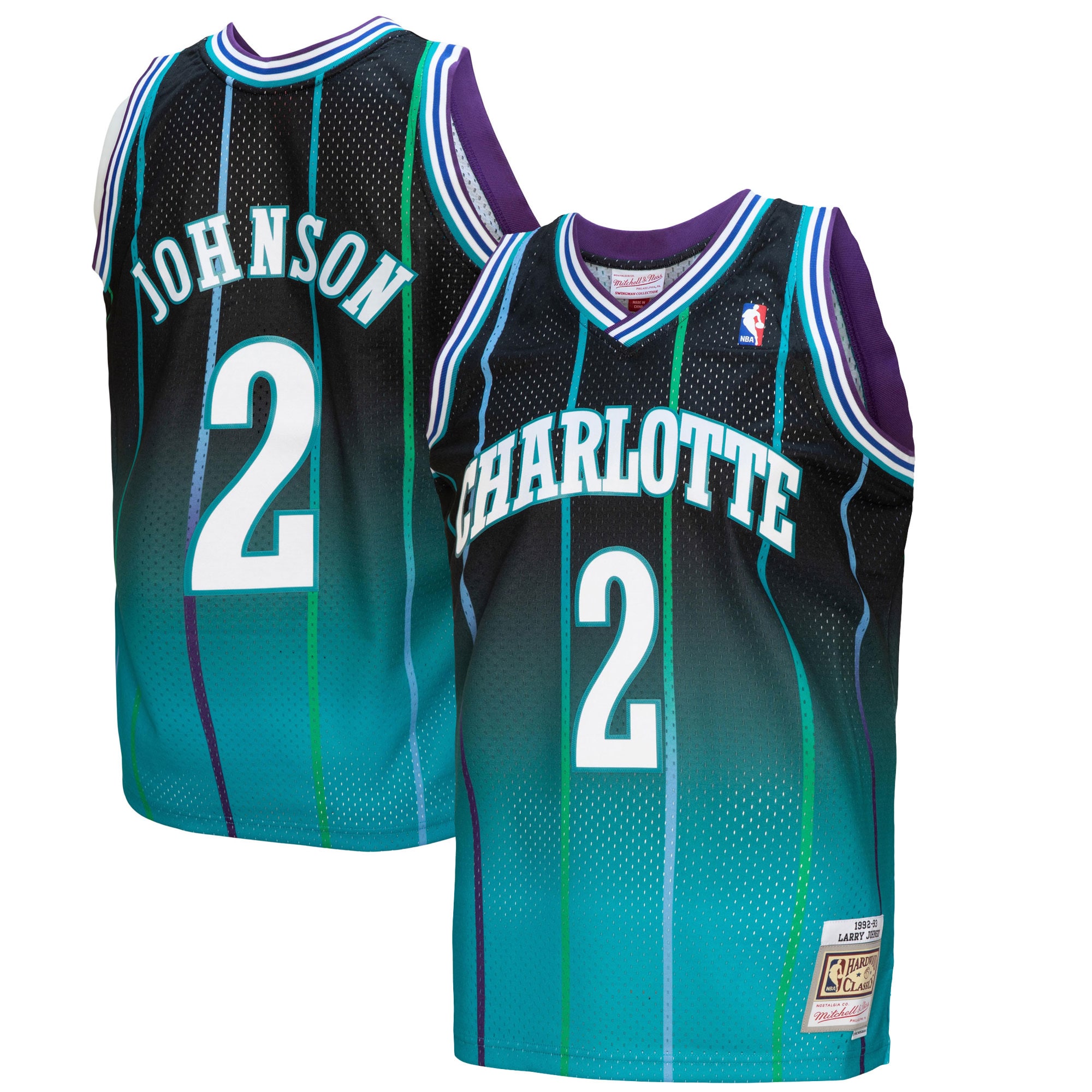 Mitchell Ness Larry Johnson Teal/Black Charlotte Hornets 1992/93 Hardwood Classics Fadeaway Swingman Player NBA Jersey Men's