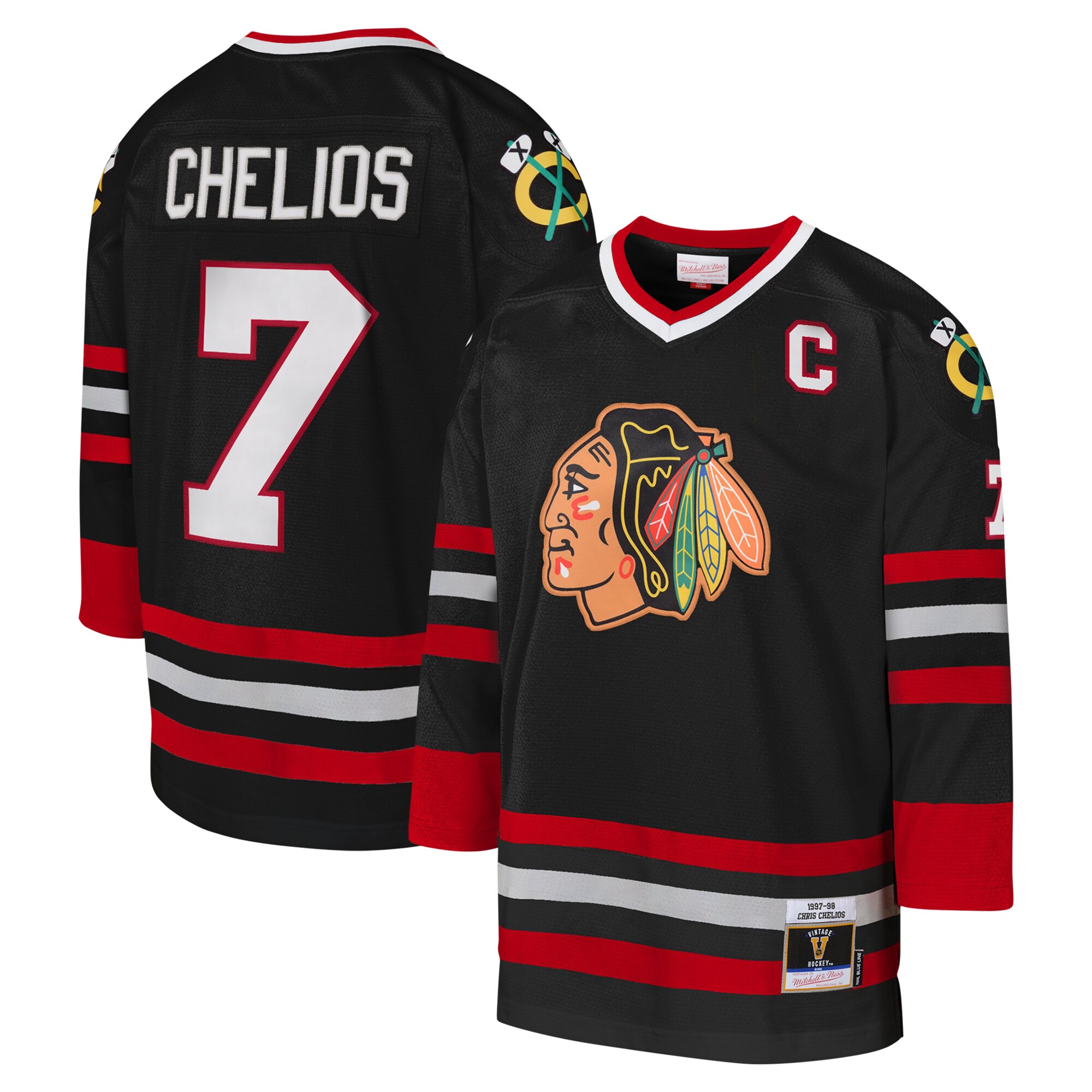 Chicago Blackhawks Chris Chelios Mitchell Ness Black 1997-98 Blue Line Captain Patch Player NHL Jersey Youth