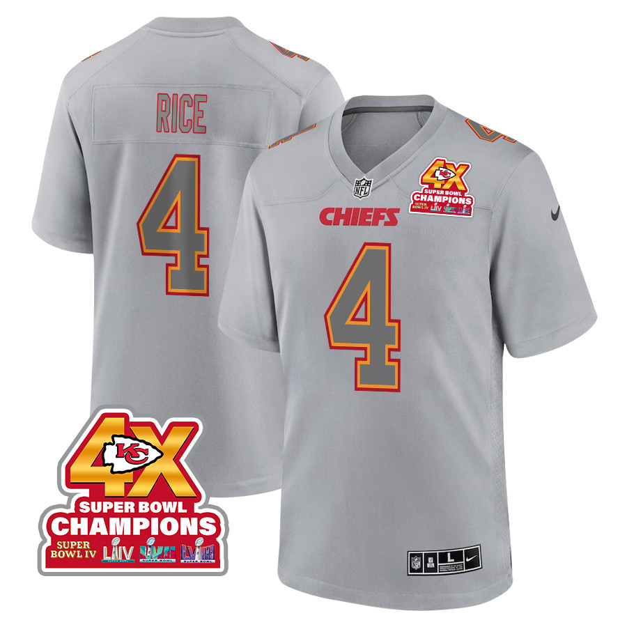 Rashee Rice 4 Kansas City Chiefs Super Bowl LVIII Champions 4X Atmosphere Fashion Game Gray NFL Jersey Men's
