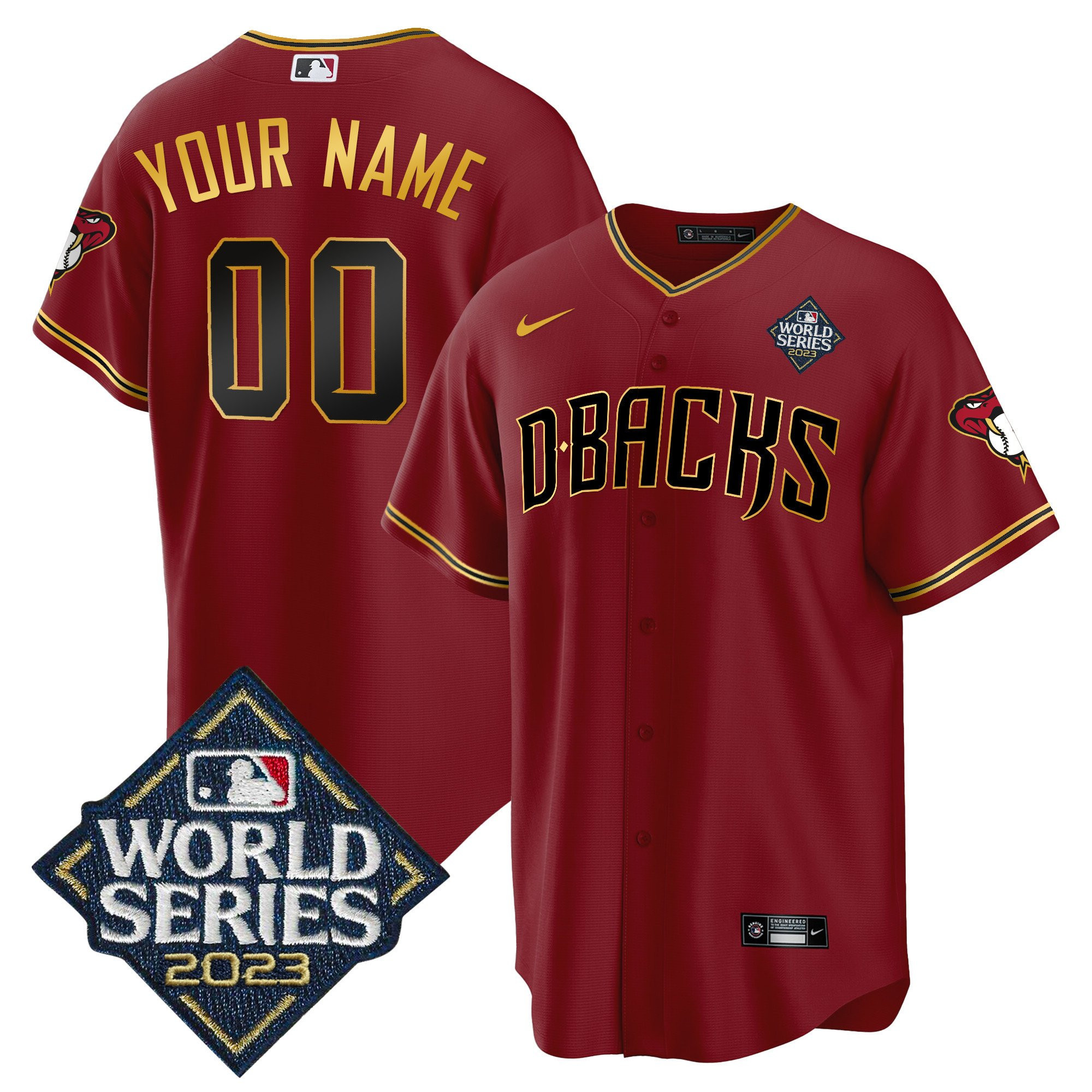Arizona Diamondbacks 2023 World Series Patch Custom Crimson Gold MLB Jersey Men's