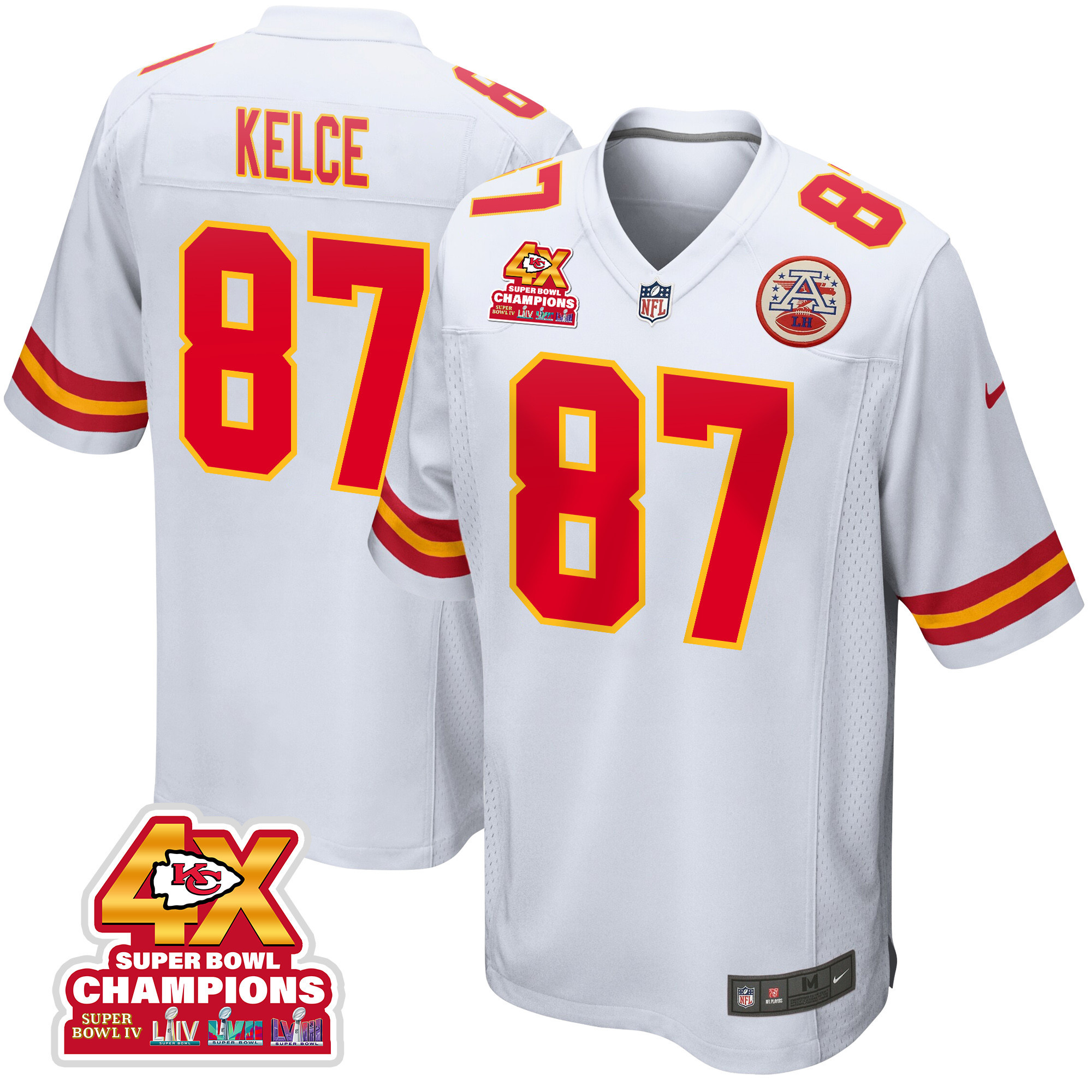 Travis Kelce 87 Kansas City Chiefs Super Bowl LVIII Champions 4X Game White NFL Jersey Men's
