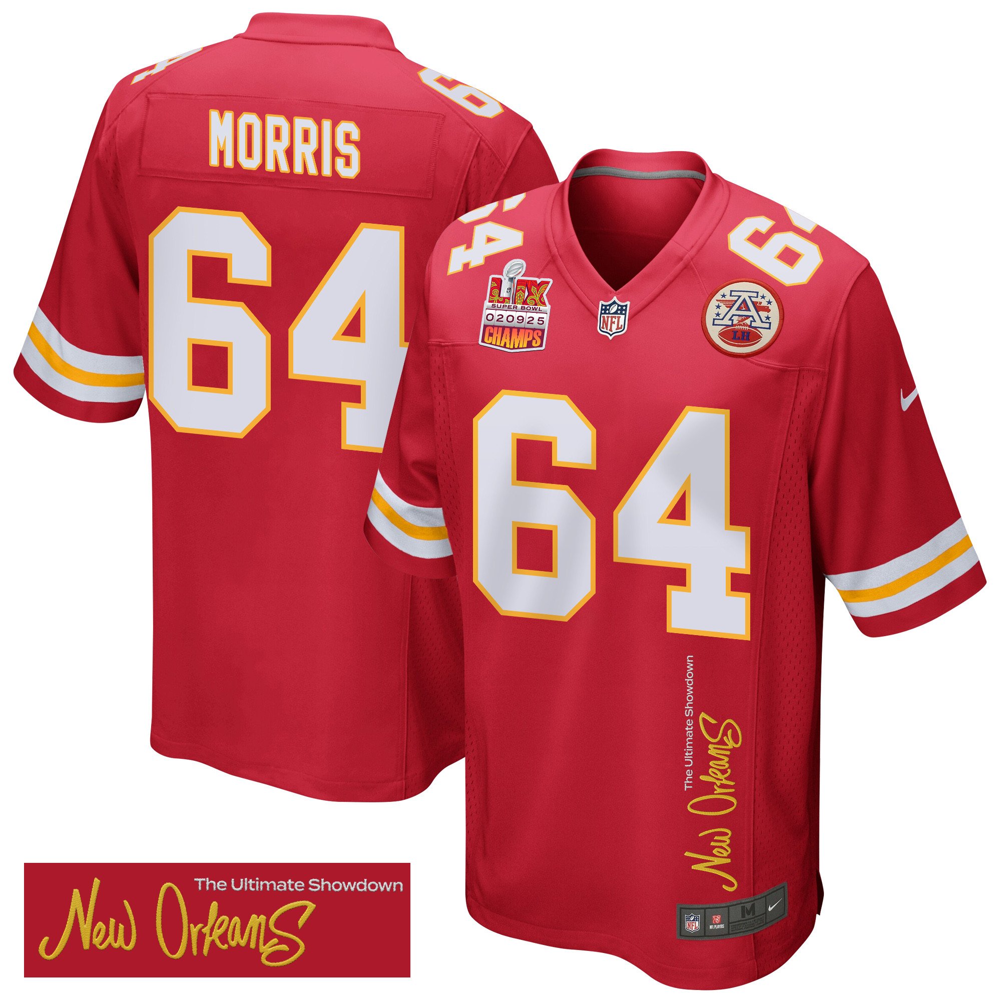 Wanya Morris 64 Kansas City Chiefs Super Bowl LIX Champions Patch New Orleans The Ultimate Showdown' EMBROIDERED Game Red NFL Jersey Men's