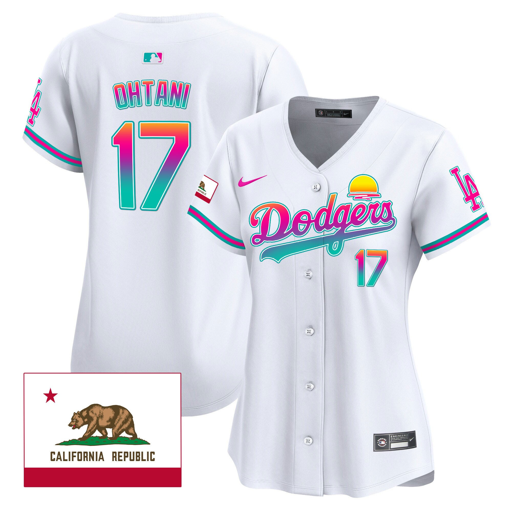 Shohei Ohtani 17 Los Angeles Dodgers 2024 Los Angeles City Style California Republic Patch White MLB Jersey Women's