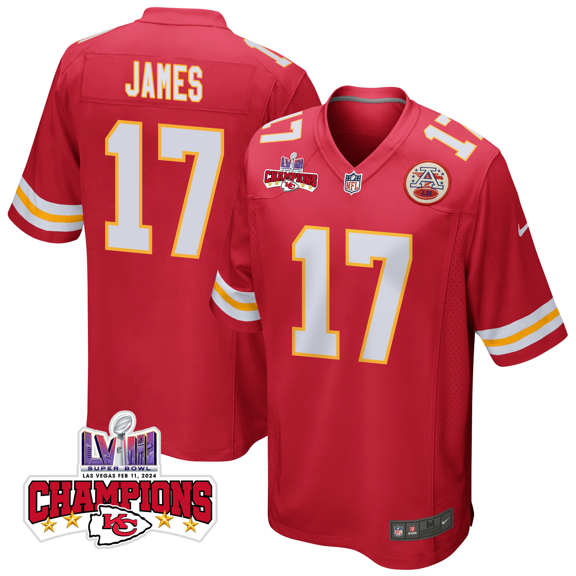 Richie James 17 Kansas City Chiefs Super Bowl LVIII Champions 4 Stars Patch Game Red NFL Jersey Men's