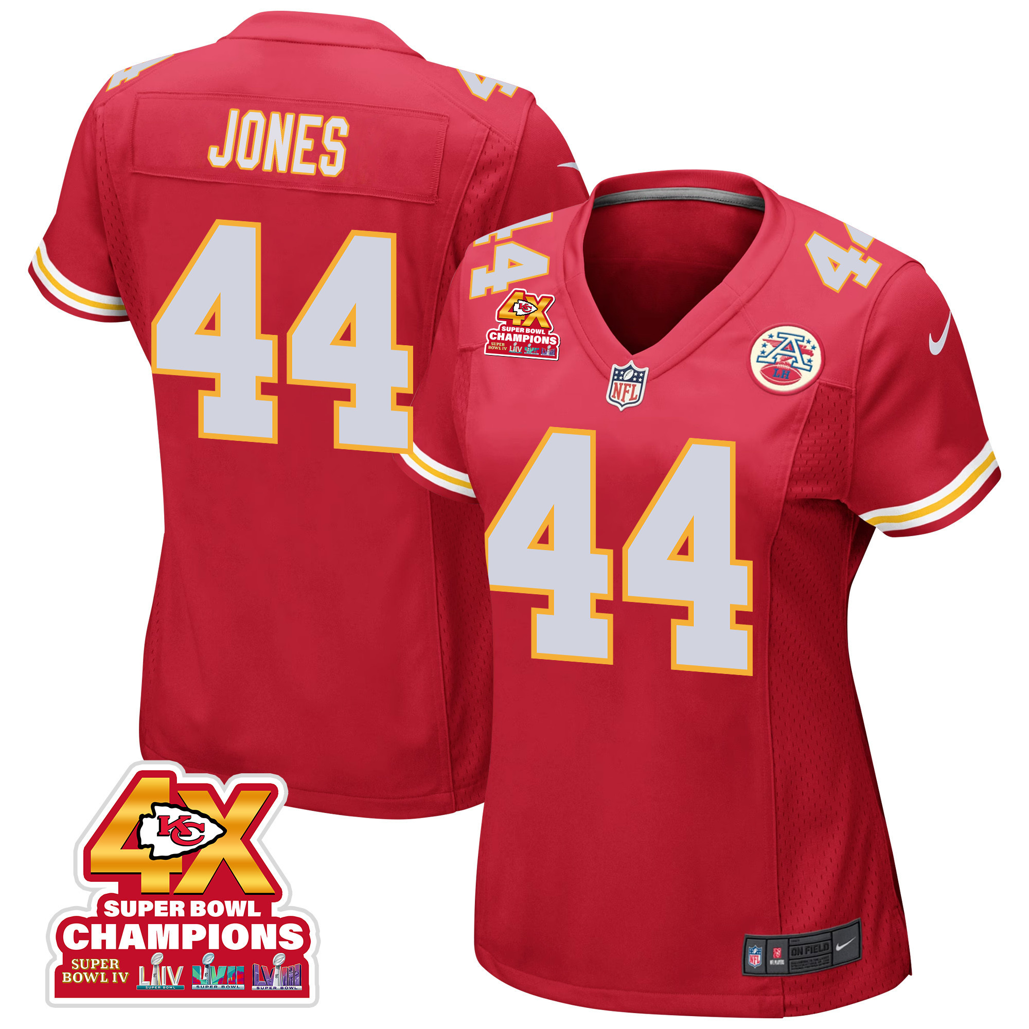 Cam Jones 44 Kansas City Chiefs Super Bowl LVIII Champions 4X Game Red NFL Jersey Women's
