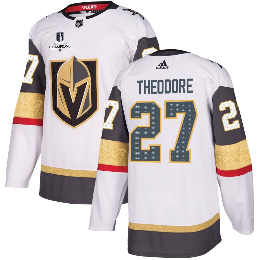 Shea Theodore 27 Vegas Golden Knights Stanley Cup 2023 Champions Patch Away Breakaway White NHL Jersey Men's
