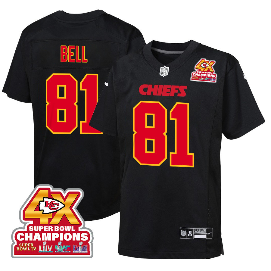 Blake Bell 81 Kansas City Chiefs Super Bowl LVIII Champions 4X Fashion Game Carbon Black NFL Jersey Youth