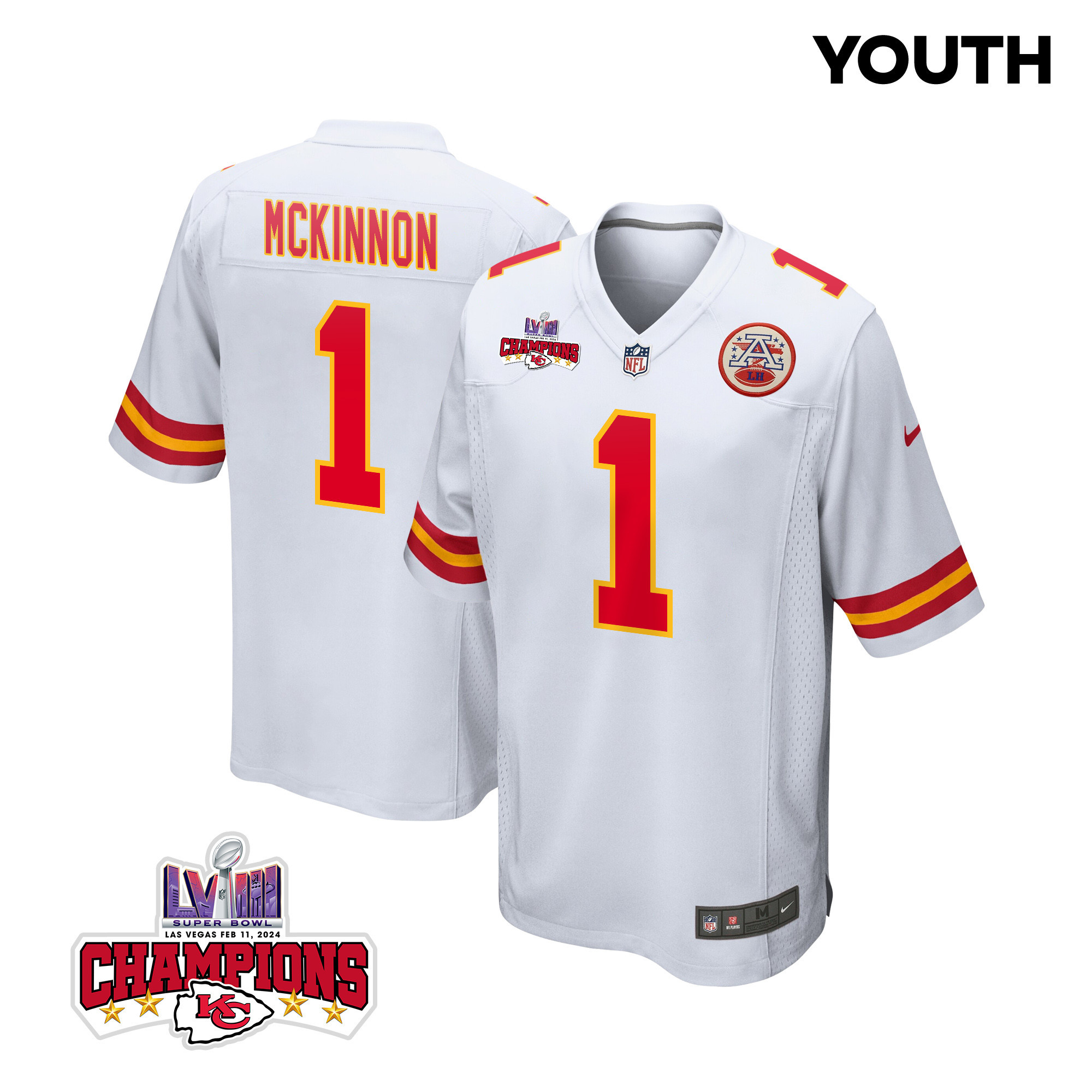 Jerick McKinnon 1 Kansas City Chiefs Super Bowl LVIII Champions 4 Stars Patch Game White NFL Jersey Youth