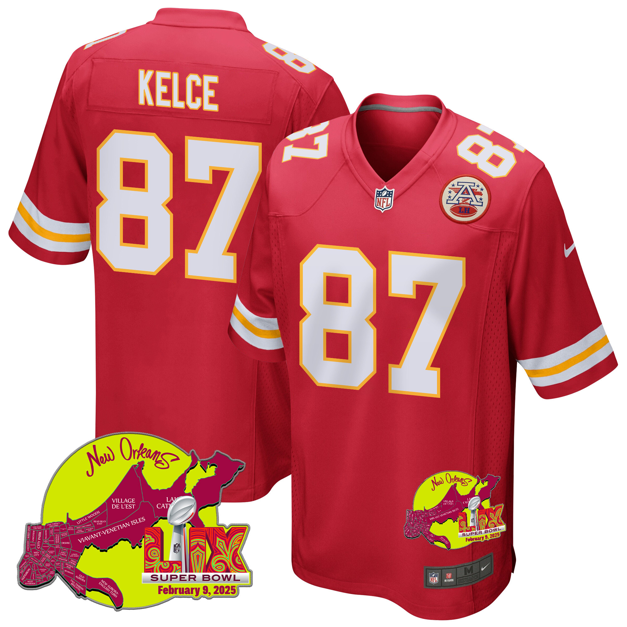 Travis Kelce 87 Kansas City Chiefs Super Bowl LIX New Orleans Patch Game Red NFL Jersey Men's