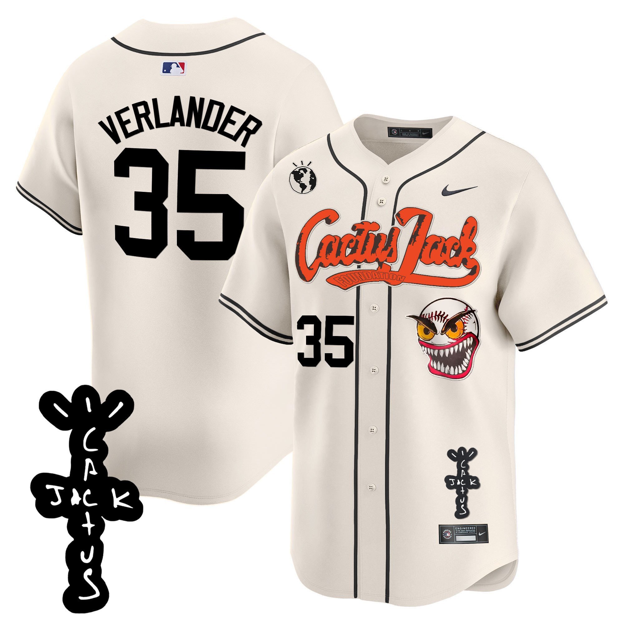 Justin Verlander 35 Houston Astros Cactus Jack Patch V2 Cream MLB Jersey Men's