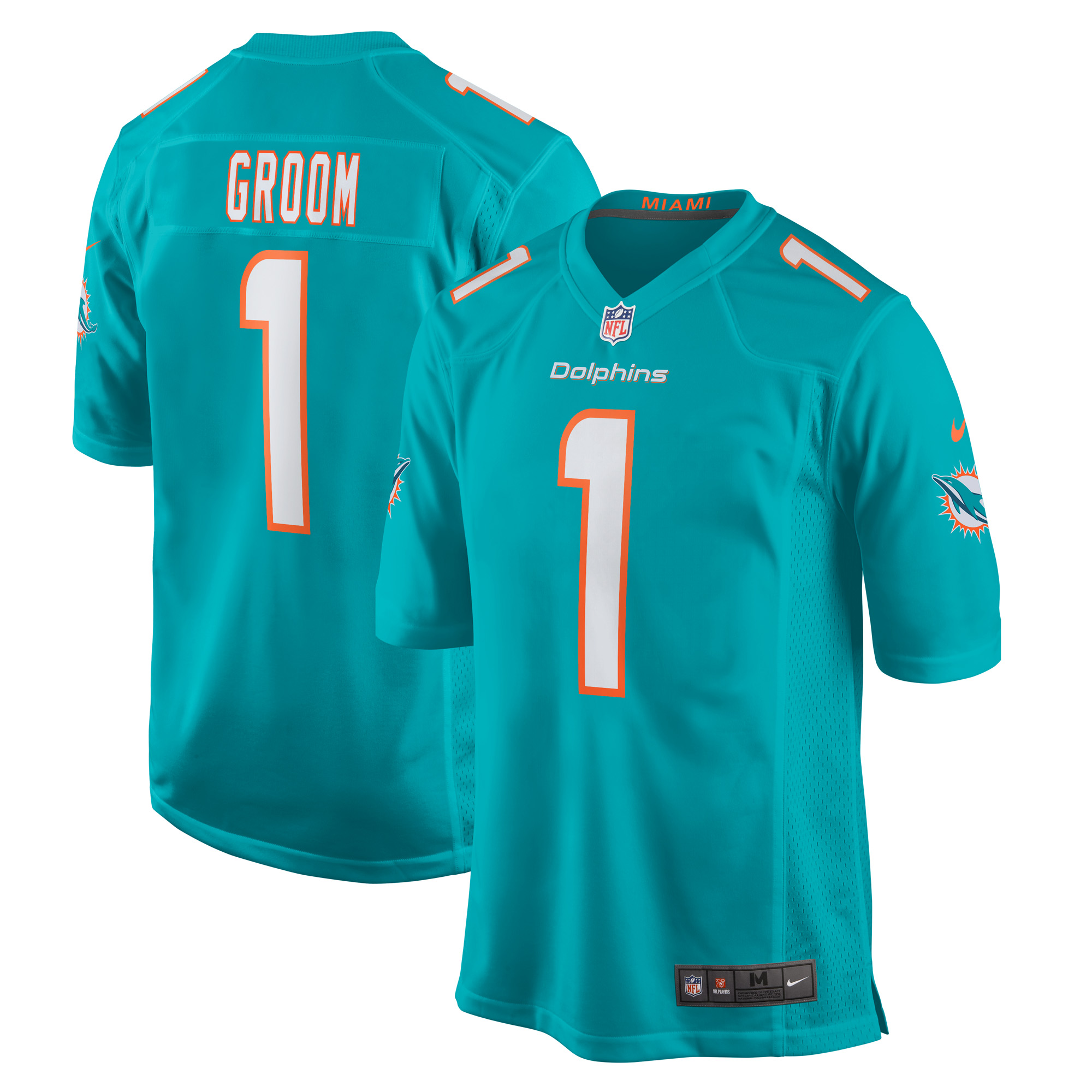 Miami Dolphins Number 1 Groom Aqua Game NFL Jersey Men's