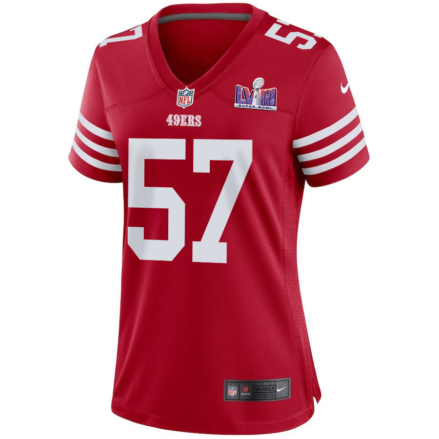 Dre Greenlaw 57 San Francisco 49ers Super Bowl LVIII Patch Game Scarlet NFL Jersey Women's