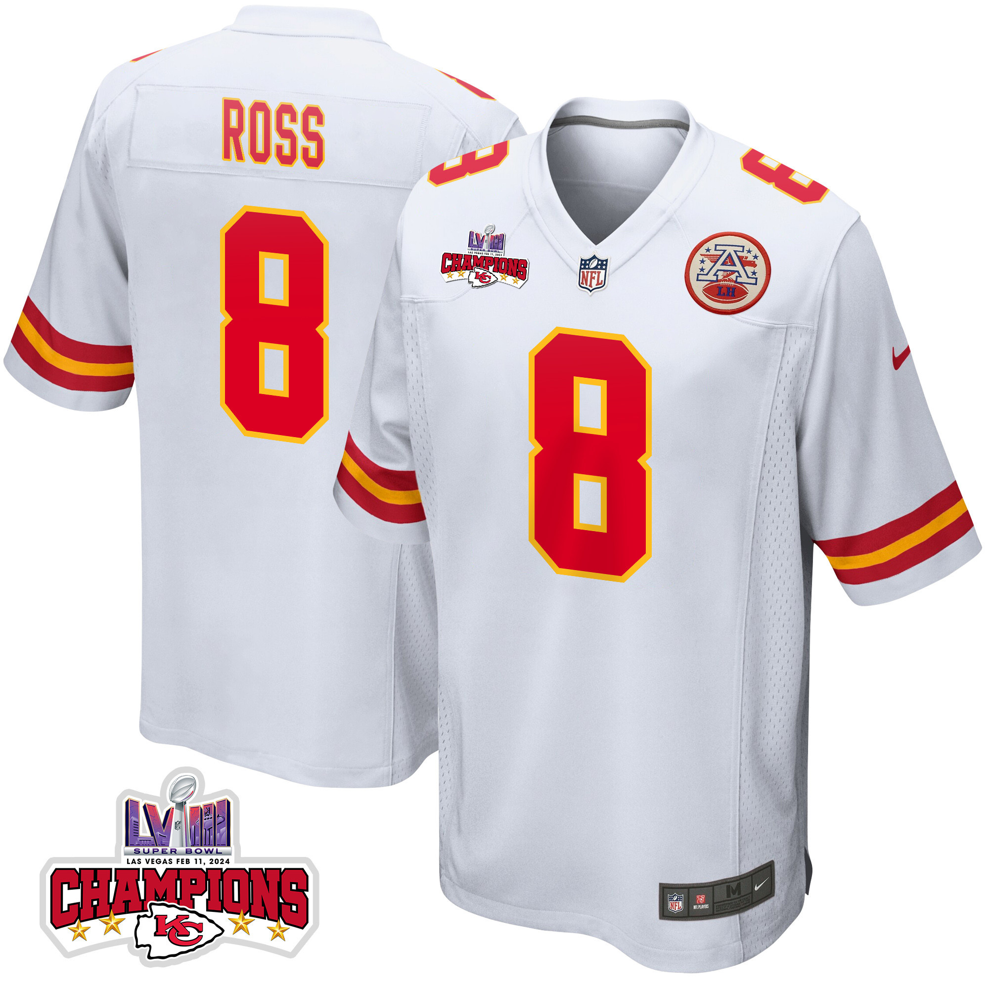 Justyn Ross 8 Kansas City Chiefs Super Bowl LVIII Champions 4 Stars Patch Game White NFL Jersey Men's
