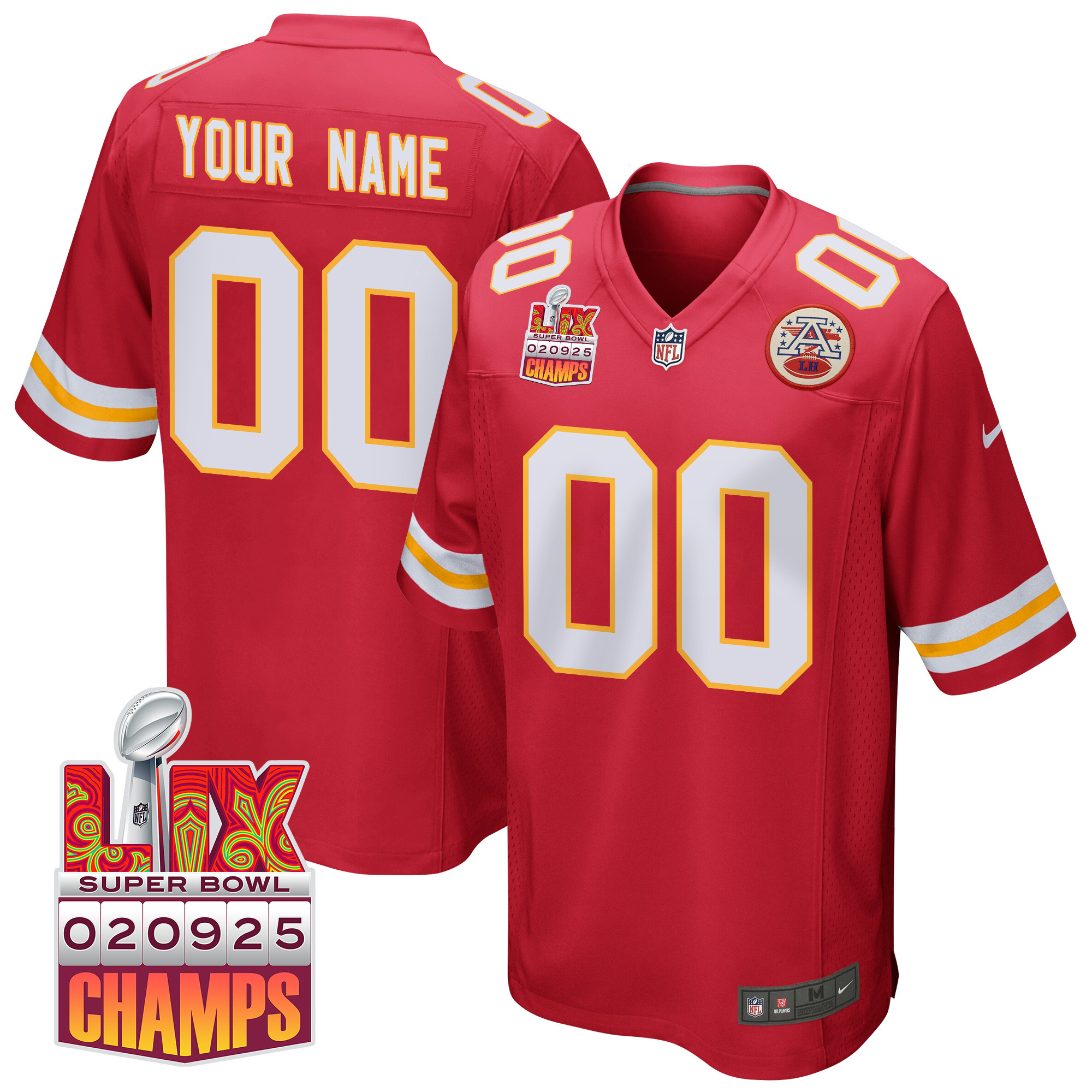 Kansas City Chiefs Super Bowl LIX Champions Patch Game Custom Red NFL Jersey Men's