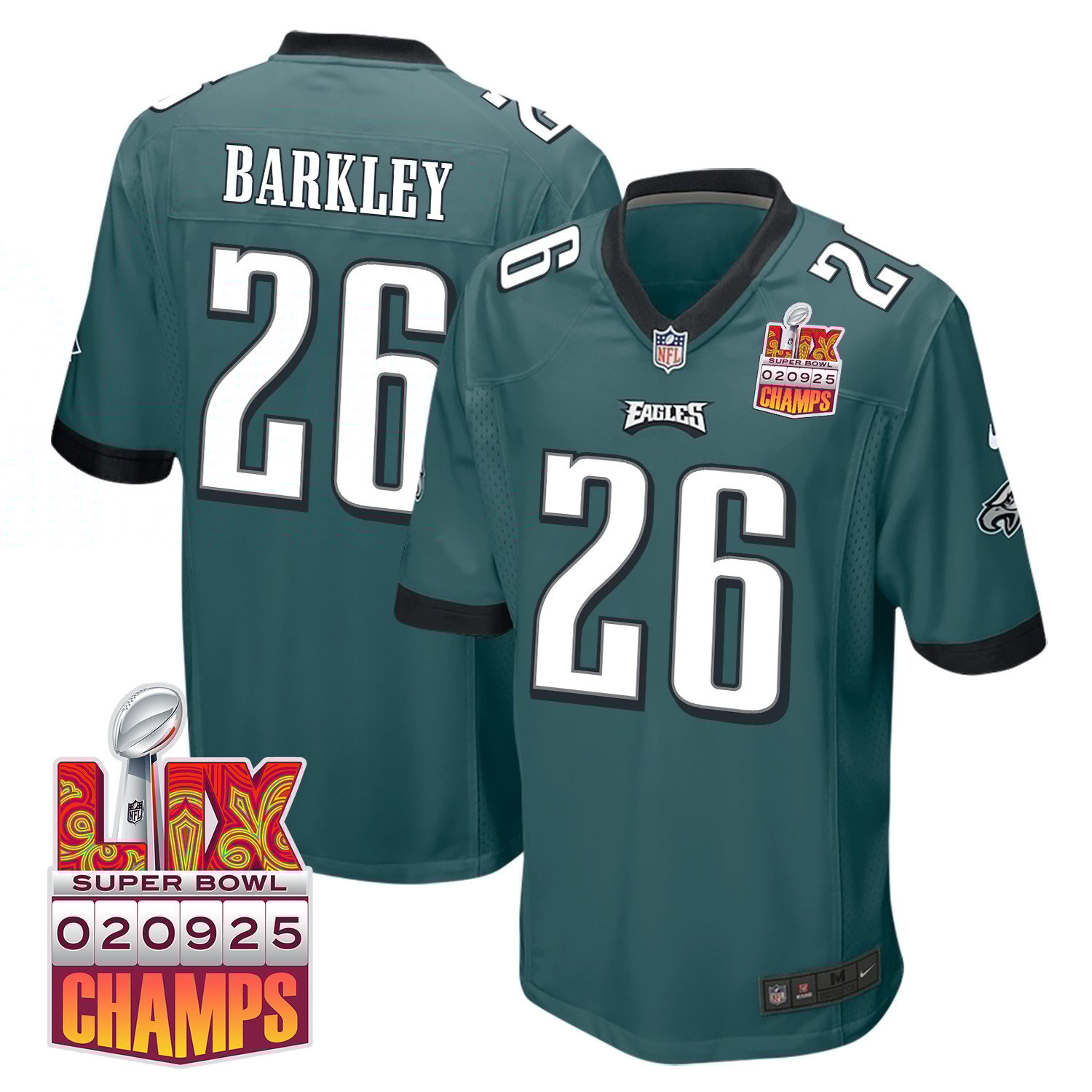 Saquon Barkley 26 Philadelphia Eagles Super Bowl LIX Champions Patch Game Midnight Green NFL Jersey Men's