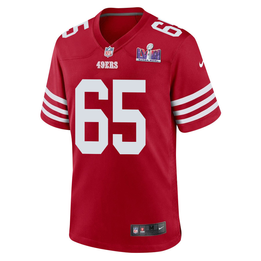 Aaron Banks 65 San Francisco 49ers Super Bowl LVIII Patch Game Scarlet NFL Jersey Men's
