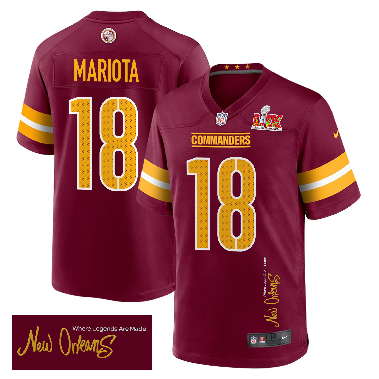 Marcus Mariota 18 Washington Commanders Super Bowl LIX New Orleans Where Legends Are Made' EMBROIDERED Game Burgundy NFL Jersey Men's