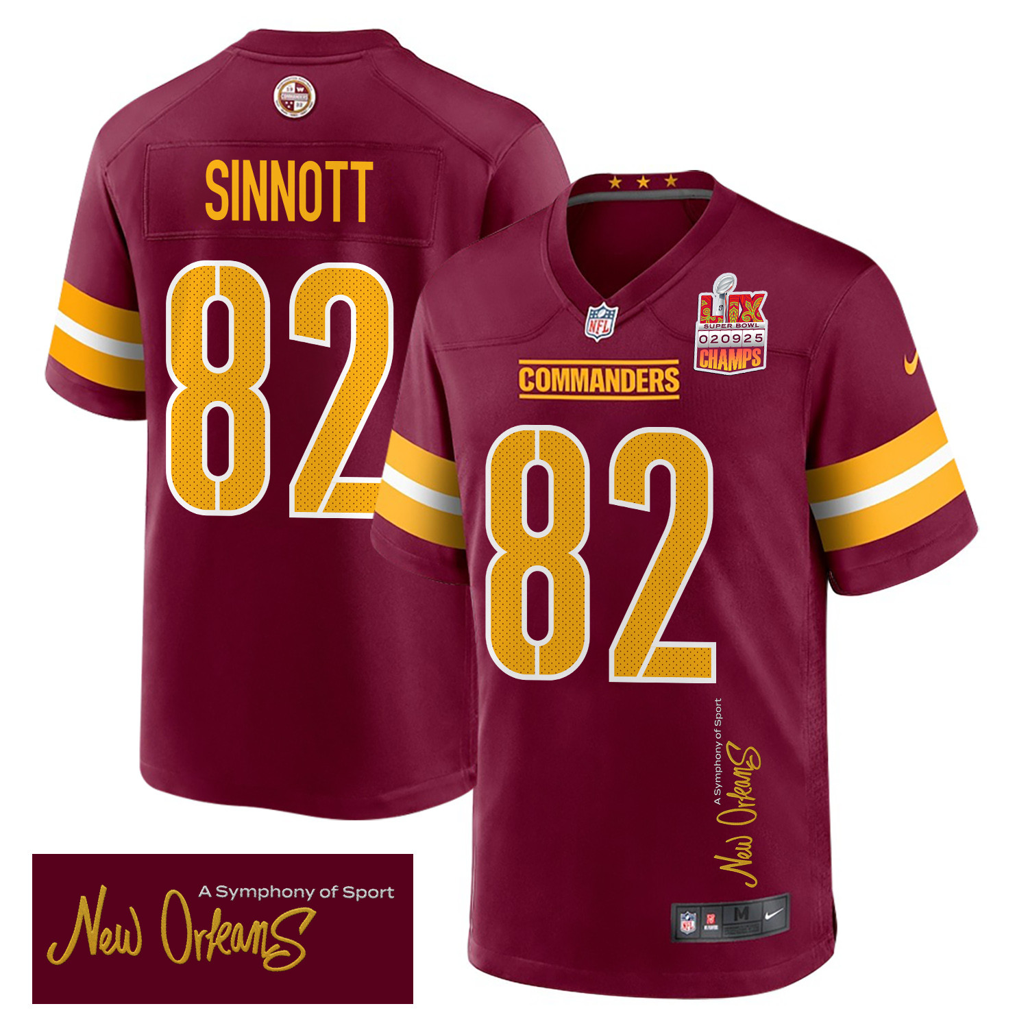 Ben Sinnott 82 Washington Commanders Super Bowl LIX Champions Patch New Orleans A Symphony of Sport' EMBROIDERED Game Burgundy NFL Jersey Men's