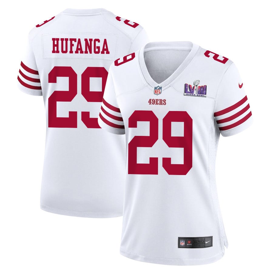Talanoa Hufanga 29 San Francisco 49ers Super Bowl LVIII Patch Game White NFL Jersey Women's