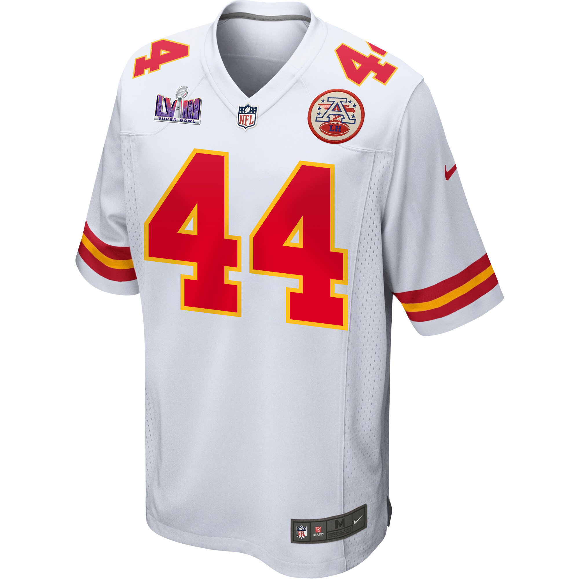 Cam Jones 44 Kansas City Chiefs Super Bowl LVIII Patch Game White NFL Jersey Men's