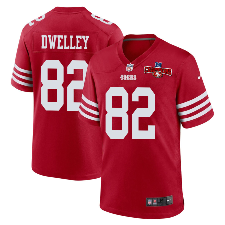Ross Dwelley 82 San Francisco 49ers NFC Champions Patch Game Scarlet NFL Jersey Men's