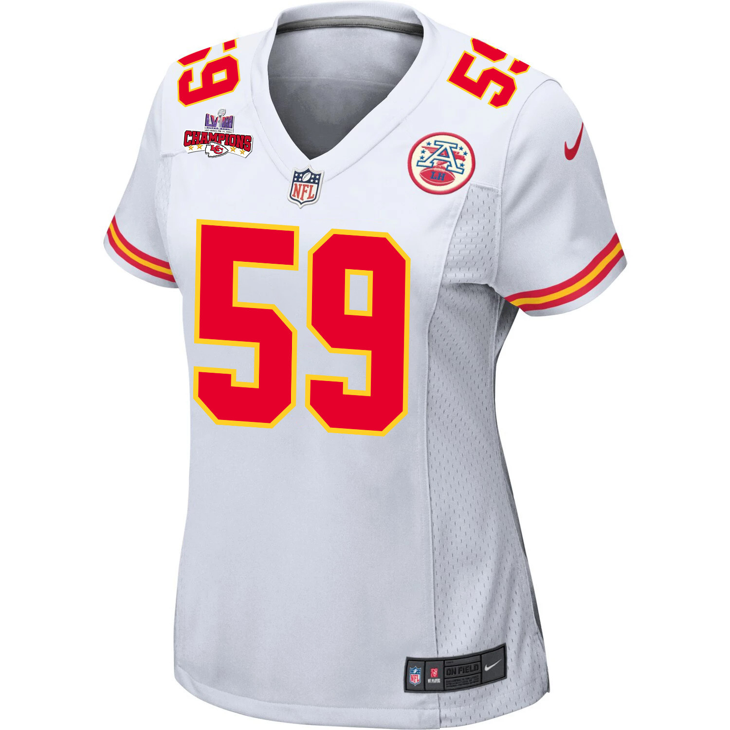 Darius Harris 59 Kansas City Chiefs Super Bowl LVIII Champions 4 Stars Patch Game White NFL Jersey Women's