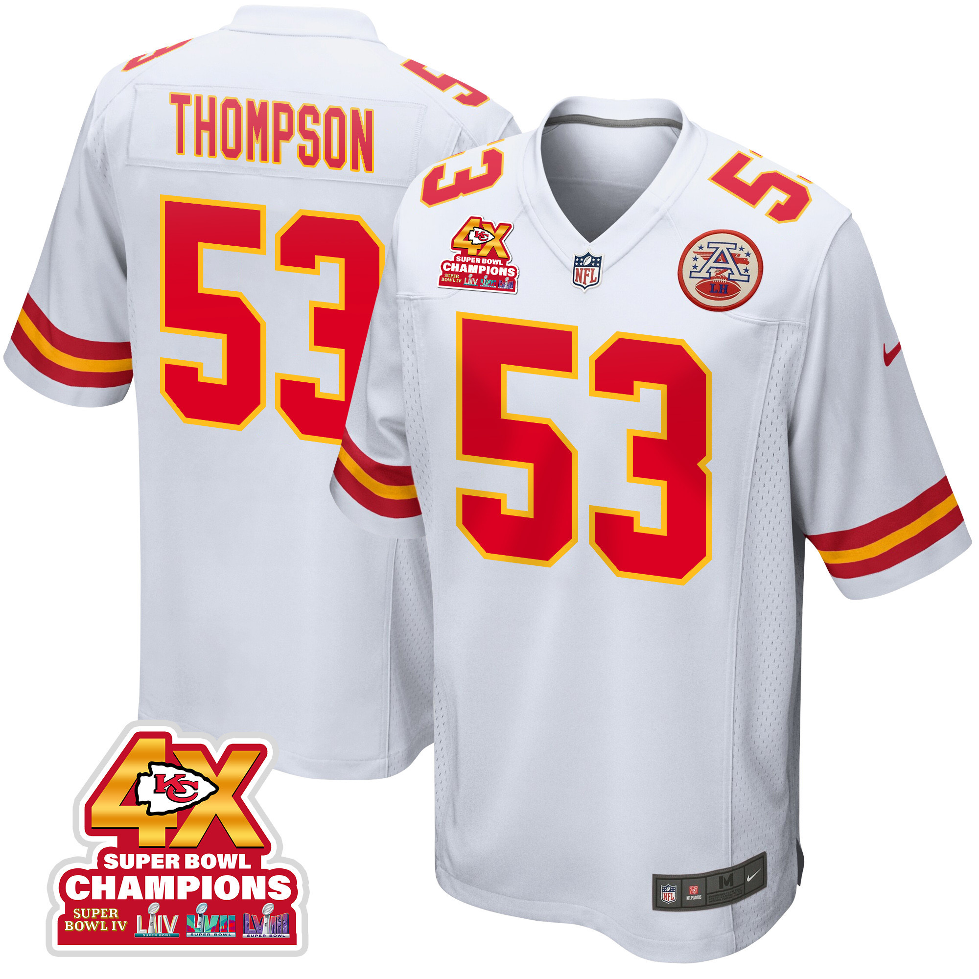 BJ Thompson 53 Kansas City Chiefs Super Bowl LVIII Champions 4X Game White NFL Jersey Men's