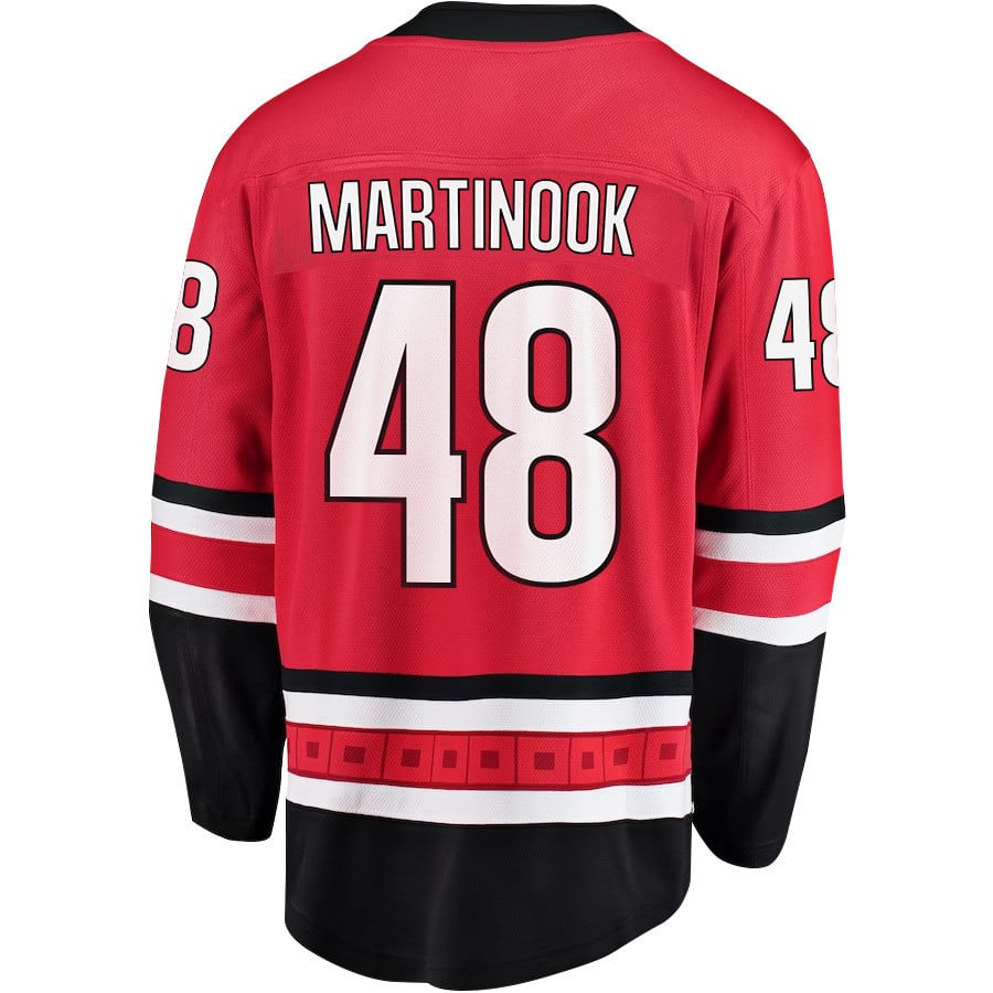 Jordan Martinook 48 Carolina Hurricanes Stanley Cup 2023 Playoffs Patch Home Breakaway Red NHL Jersey Men's