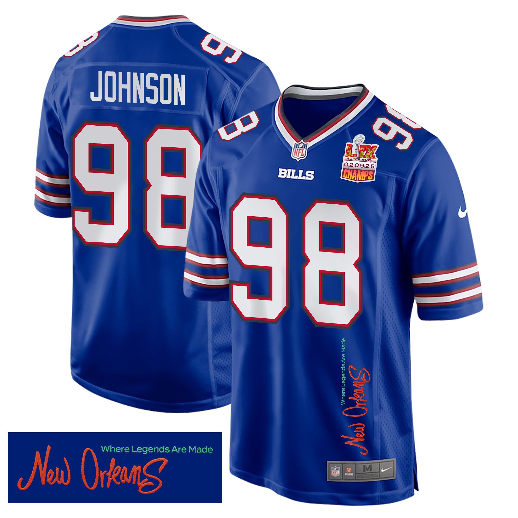 Austin Johnson 98 Buffalo Bills Super Bowl LIX Champions Patch New Orleans Where Legends Are Made' EMBROIDERED Game Royal NFL Jersey Men's