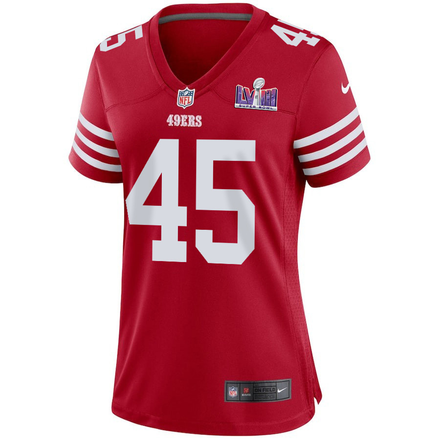 Demetrius Flannigan-Fowles 45 San Francisco 49ers Super Bowl LVIII Patch Game Scarlet NFL Jersey Women's
