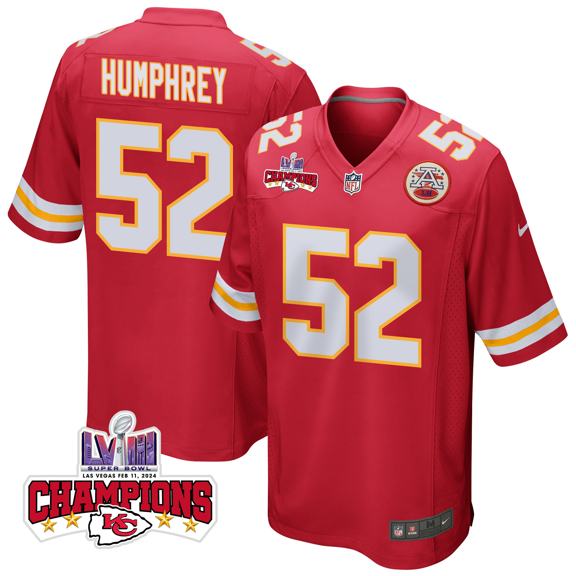 Creed Humphrey 52 Kansas City Chiefs Super Bowl LVIII Champions 4 Stars Patch Game Red NFL Jersey Men's
