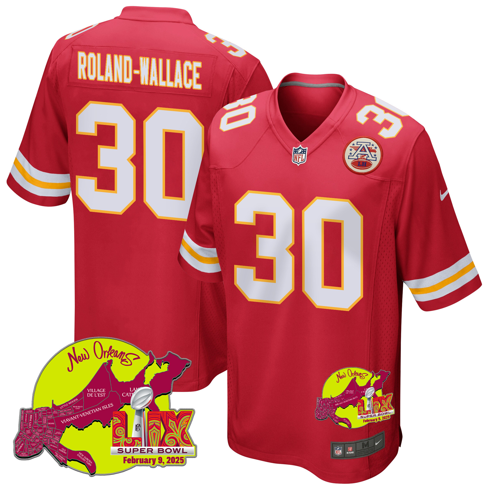 Chris Roland-Wallace 30 Kansas City Chiefs Super Bowl LIX New Orleans Patch Game Red NFL Jersey Men's