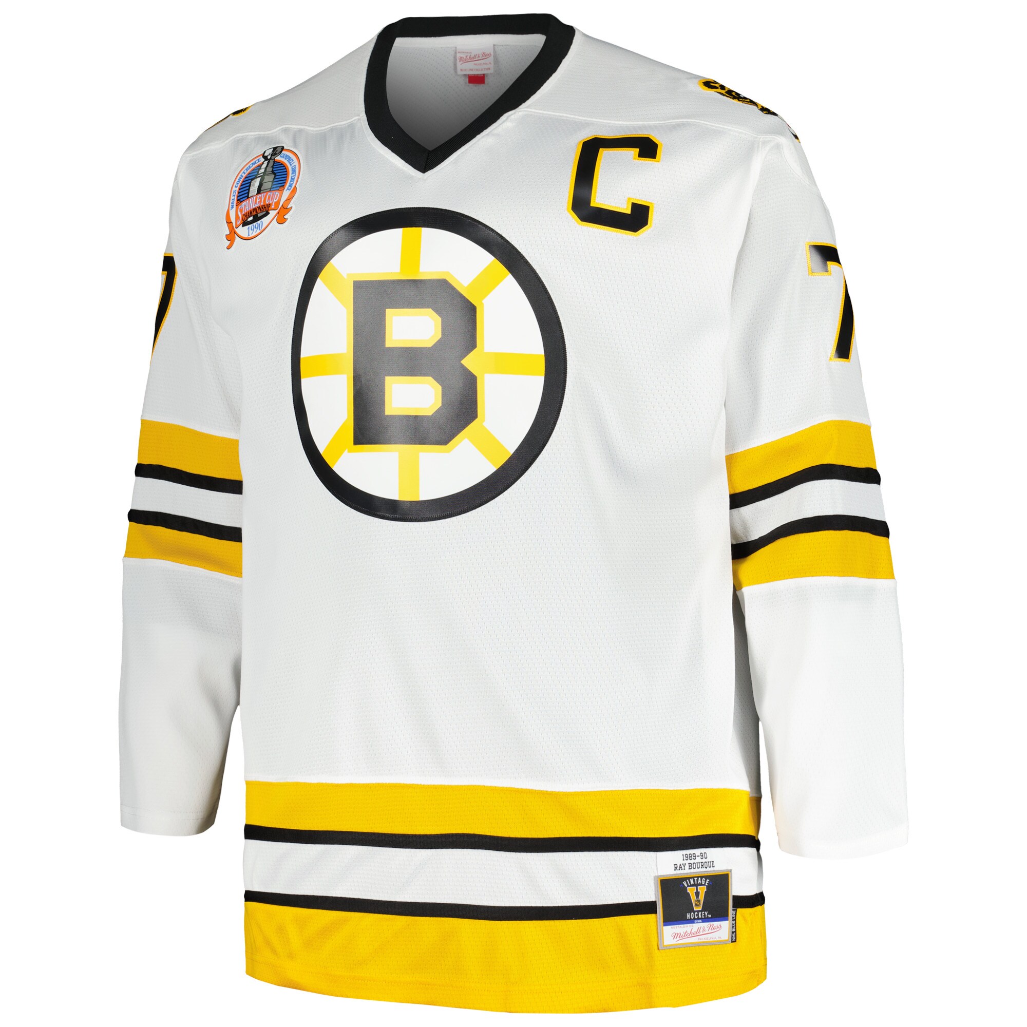 Boston Bruins Ray Bourque Mitchell Ness White Big Tall Captain Patch Blue Line Player NHL Jersey Men's