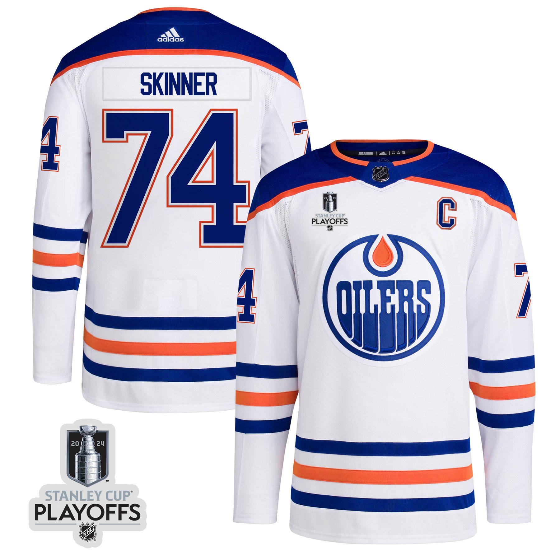 Stuart Skinner 74 Edmonton Oilers 2024 Playoffs Patch Away White NHL Jersey Men's