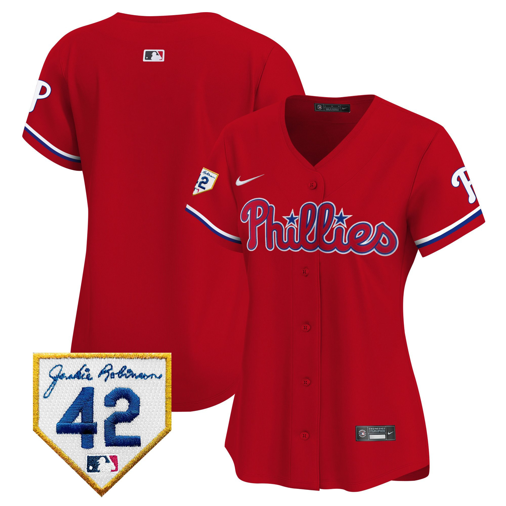 Philadelphia Phillies 2024 Jackie Robinson Patch Red MLB Jersey Women's