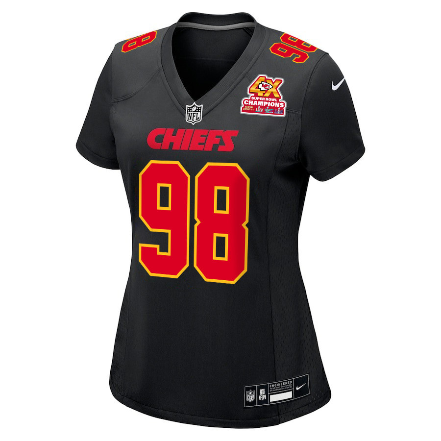 Tershawn Wharton 98 Kansas City Chiefs Super Bowl LVIII Champions 4X Fashion Game Carbon Black NFL Jersey Women's