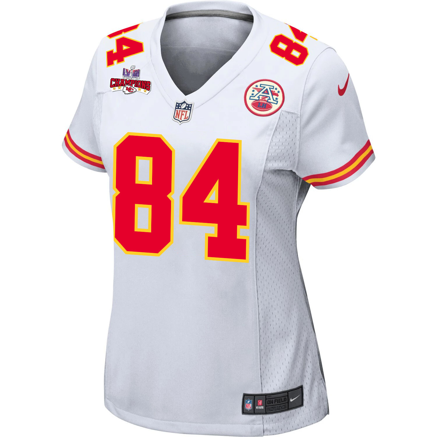 Justin Watson 84 Kansas City Chiefs Super Bowl LVIII Champions 4 Stars Patch Game White NFL Jersey Women's
