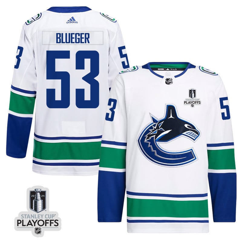 Teddy Blueger 53 Vancouver Canucks 2024 Playoffs Patch Away White NHL Jersey Men's