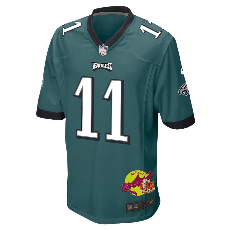 A.J. Brown 11 Philadelphia Eagles Super Bowl LIX New Orleans Patch Game Midnight Green NFL Jersey Men's