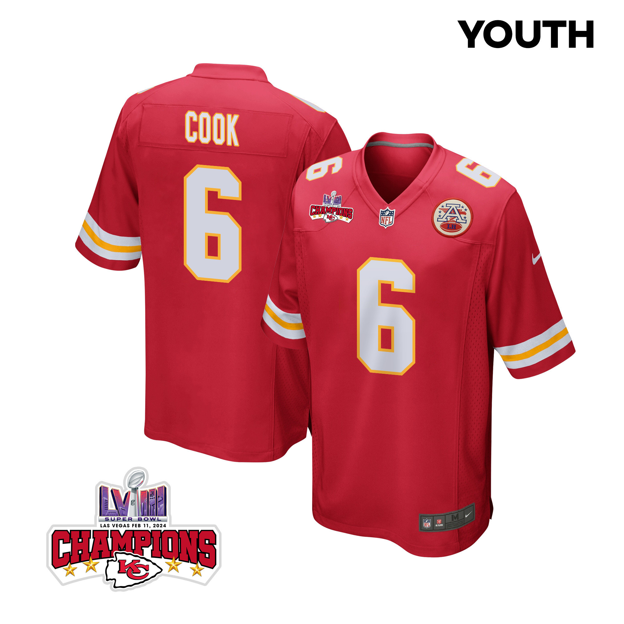 Bryan Cook 6 Kansas City Chiefs Super Bowl LVIII Champions 4 Stars Patch Game Red NFL Jersey Youth