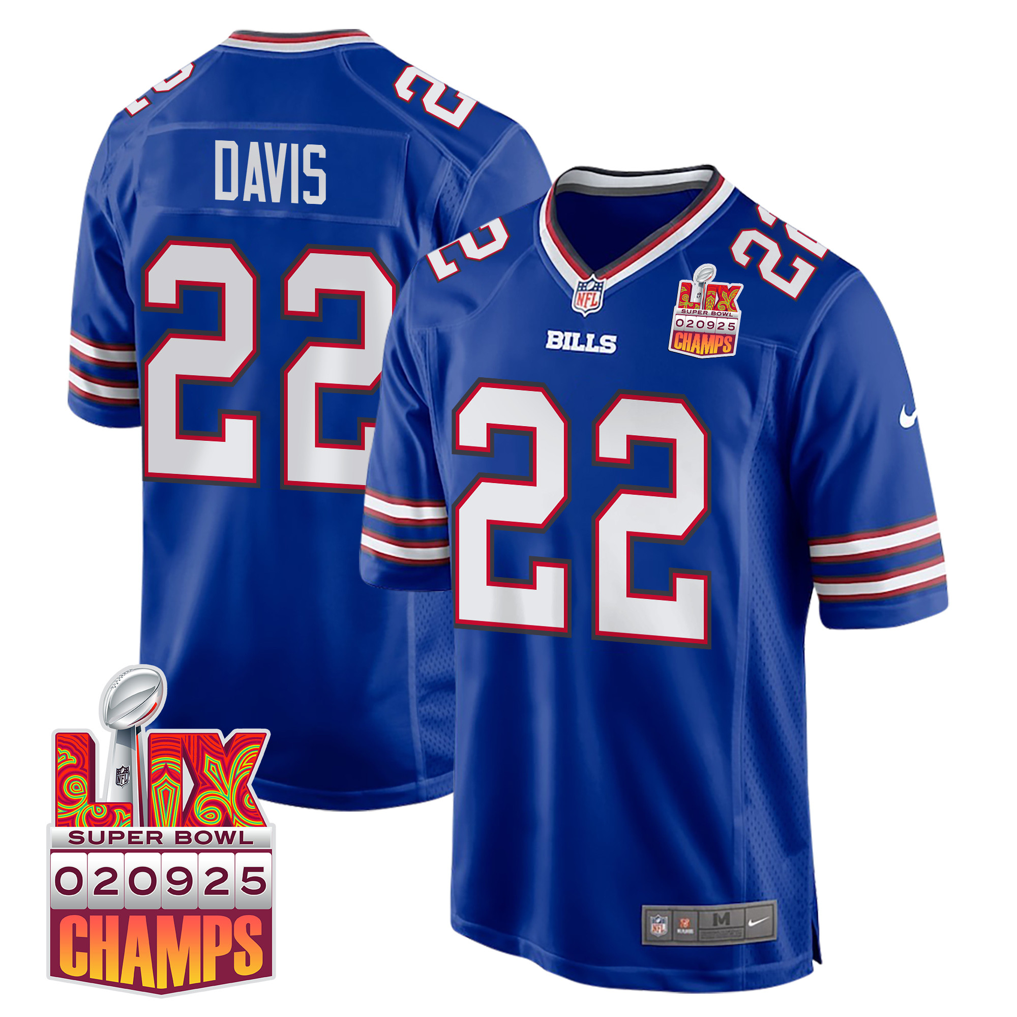 Ray Davis 22 Buffalo Bills Super Bowl LIX Champions Patch Game Royal NFL Jersey Men's