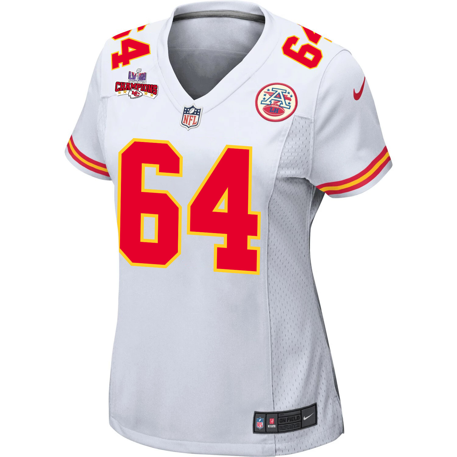 Wanya Morris 64 Kansas City Chiefs Super Bowl LVIII Champions 4 Stars Patch Game White NFL Jersey Women's